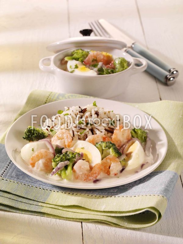 Brokkoli-Eier-Ragout mit Garnelen / Salzarm