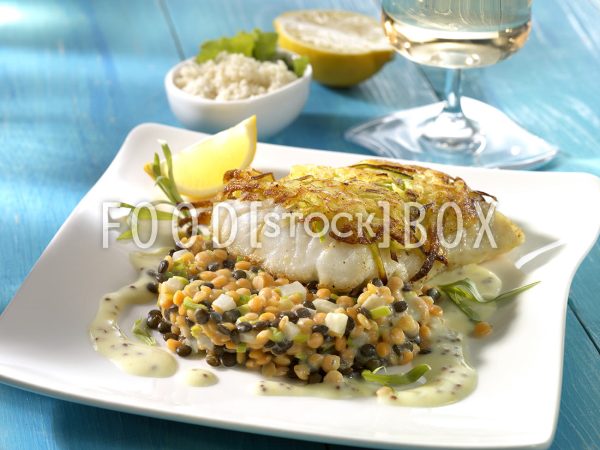 Dorsch im Röstimantel mit Senfsauce und Linsengemüse 2