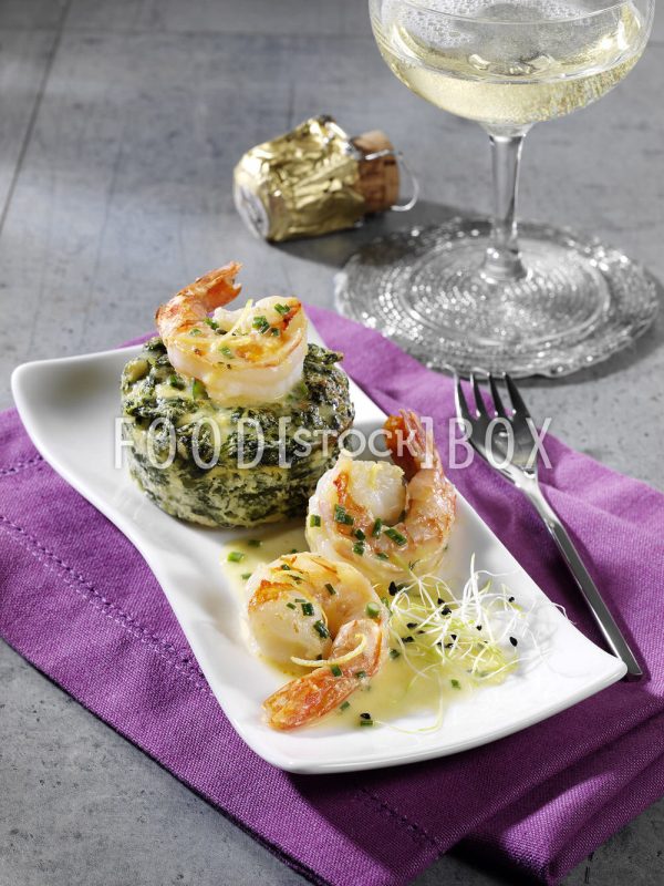 Gegrillte Gambas in Zitronenbutter mit Spinat-Mascarpone Törtchen