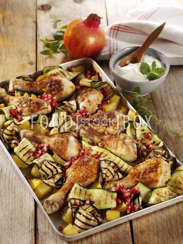 Hähnchen mit Gemüse aus dem Ofen, garniert mit Granatapfelkernen und Minz-Joghurtsauce