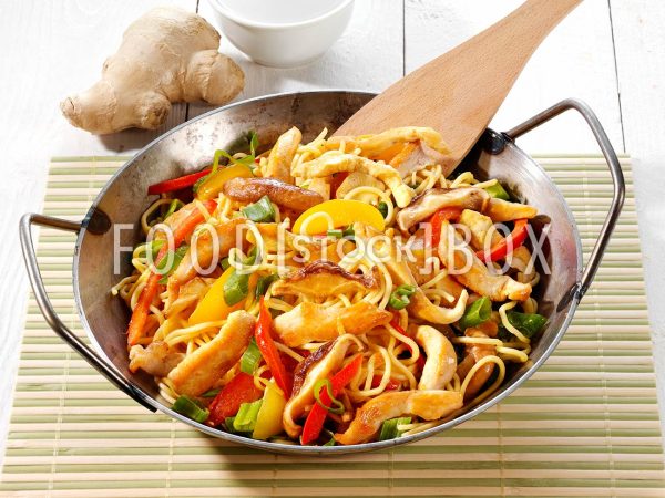 Hähnchenbrust mit Paprikastreifen und Pilzen aus dem Wok