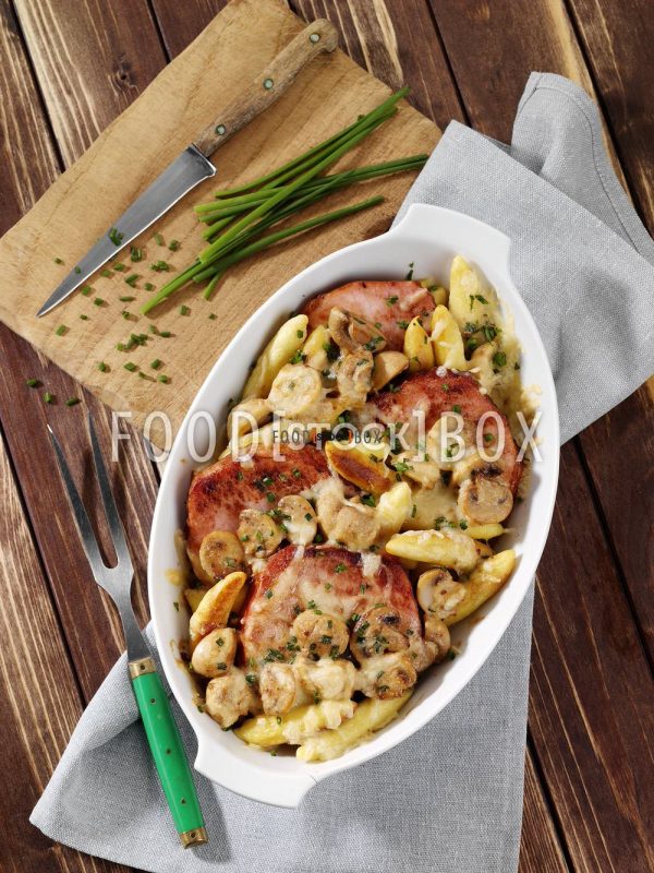 Kasseler-Champignon-Auflauf mit Schupfnudeln