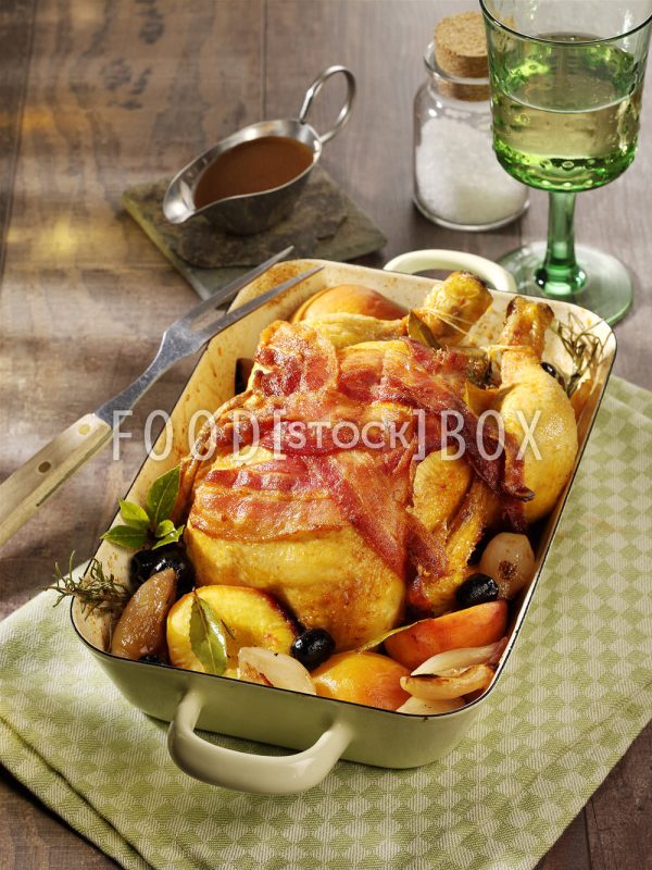 Maispoularde mit Pfirsichen & Schalotten